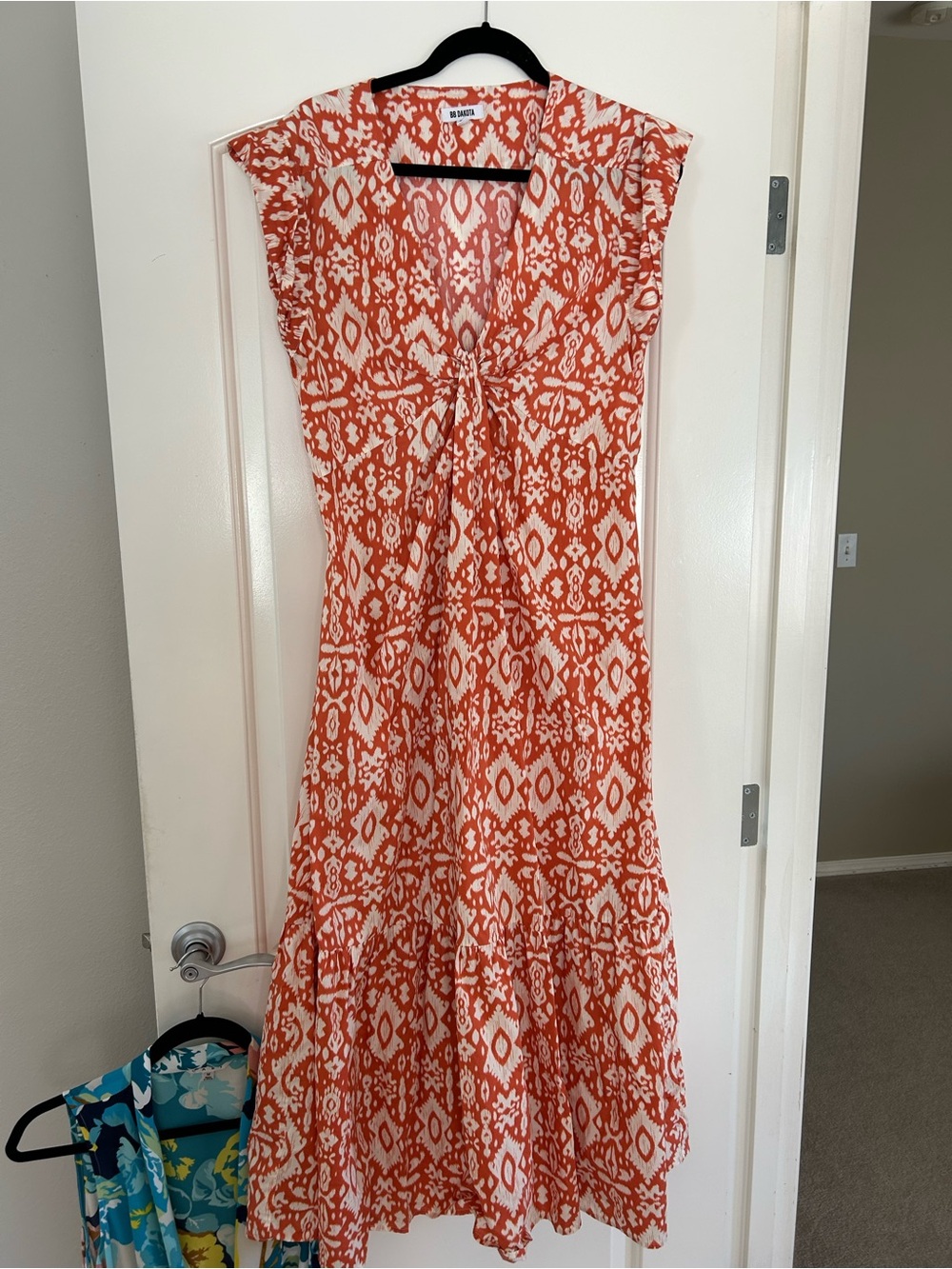 BB Dakota Orange & White Ikat Tie-Front Maxi Dress